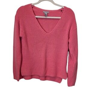 H&M XS‎ Coral Pink V-Neck Sweater Ribbed Knit Casual Pullover Top